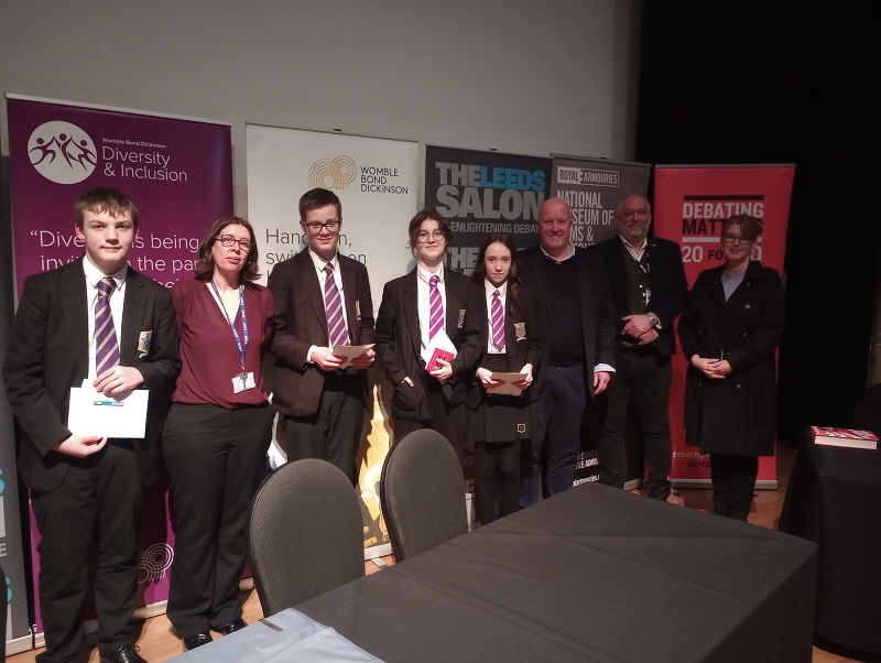 theleedssalon's tweet photo. Congrats Cardinal Heenan @CHCHSLeeds winning yesterday’s @WBD_UK / @theleedssalon Yr10&amp;11 Debate Comp 2023. Well done runners-up @StMarysMenston &amp; other finalists @abgacademy &amp;  @MSMHub. Thanks @Royal_Armouries @TectonicTV @UniversityLeeds @IDEA_Leeds. @DebatingMatters #DM20for20 https://t.co/96g2lQxI4s