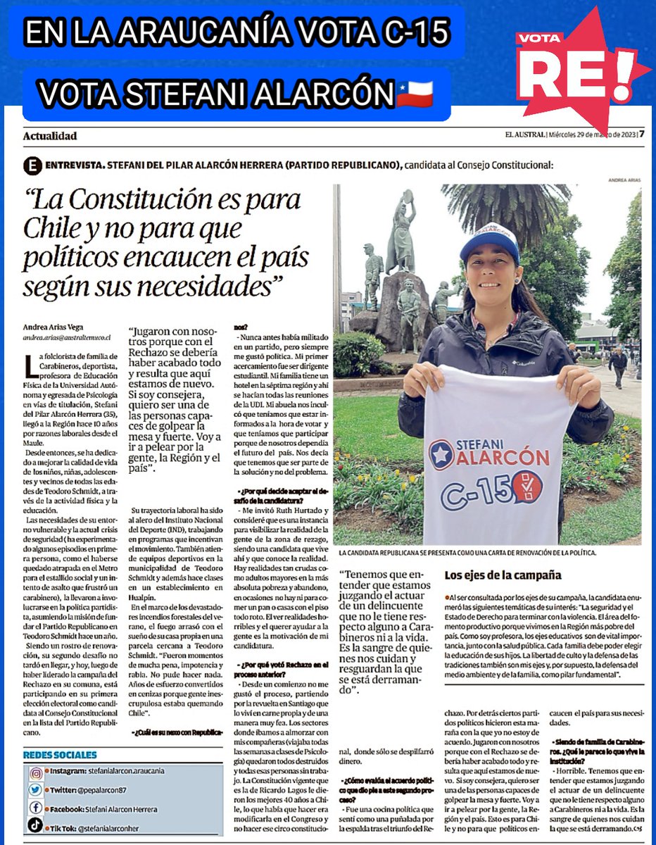 pepalarcon87's tweet photo. Acá les dejo mi entrevista en el Diario Austral.
Mi idea es luchar por la Gente, la Región y el País, golpear la mesa y fuerte por nuestra gente y para eso #SoloQuedaRepublicanos, en la #Araucania VOTA C-15 
VOTA STEFANI ALARCÓN🇨🇱 https://t.co/gIQXad3QqI