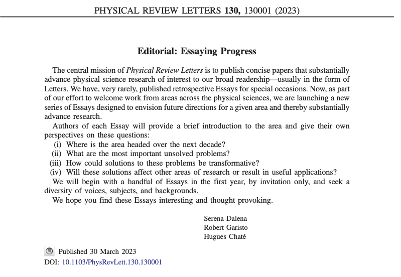 PhysRevLett's tweet photo. We are launching a series of concise Essays which envision future directions for a given area https://t.co/D6aIRcY7r1

The first Essay is by M. Lisa Manning (@ManningResearch) on the potential for deformable particles in soft matter &amp; biological physics:
https://t.co/Ag56vkIpL3 https://t.co/RYinFidcKc