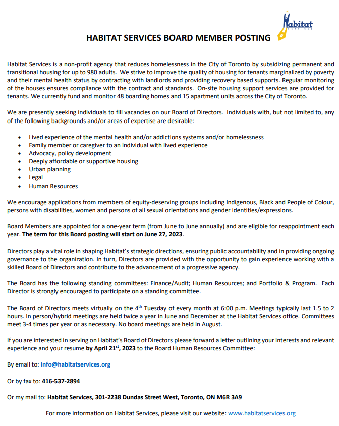 Habitat_TO's tweet photo. We are presently seeking individuals to fill vacancies on our Board.  If you are interested in serving on Habitat’s Board please forward your resume by April 21st, 2023 to the Board Human Resources Committee: By email to: info@habitatservices.org https://t.co/WZkIxLLhSf
