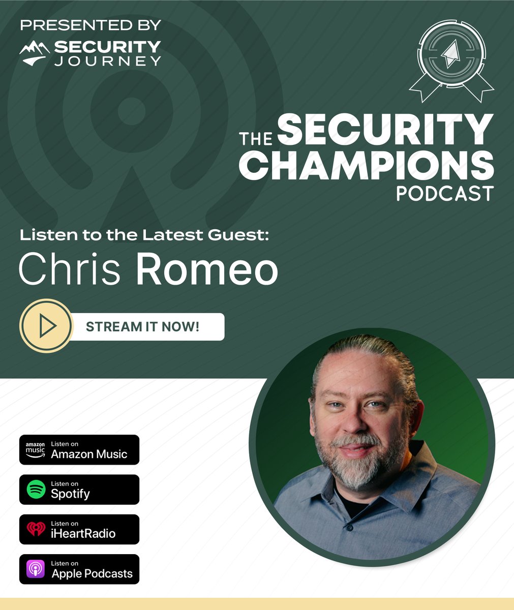 Episode one of #TheSecurityChampionsPodcast, hosted by Mike Burch, is out now!!

The first guest, Chris Romeo, talks about #TheSecurityChampionsFramework and the biggest mistake organizations make with the programs. 
Listen Now: hubs.ly/Q01JFX9P0
<a href="/edgeroute/">Chris Romeo</a> <a href="/TacticalAppSec/">Michael Burch</a>