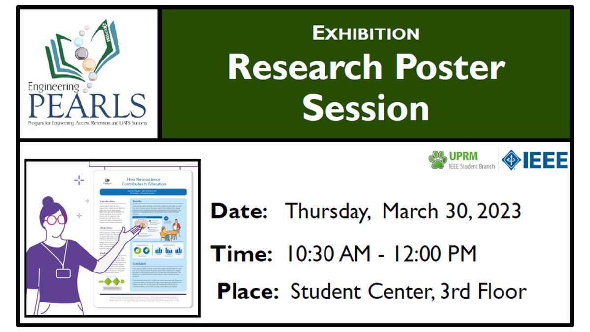 BibliotecaUPRM's tweet image. 👨‍💼HOY en el Centro de Estudiantes:
Research Poster Session de 10:30 a.m. a 12:00 p.m.
@IEEEUPRM #ePEARLS #EngineeringPEARLS #UPRM