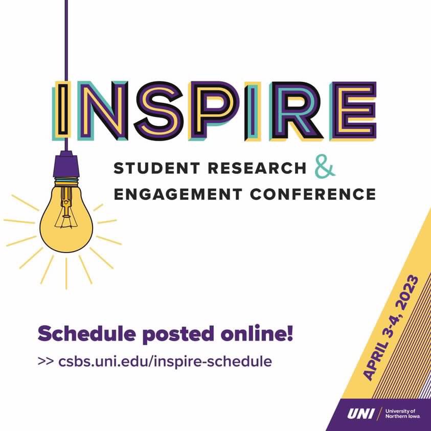 On Monday from 9 a.m. - 3 p.m. and Tuesday 9 a.m. - 2 p.m. the @uni_csbs will be hosting the INSPIRE Student Research and Engagement Conference in Rod Library! Make sure to stop by and check out the showcase that features various projects across all majors!