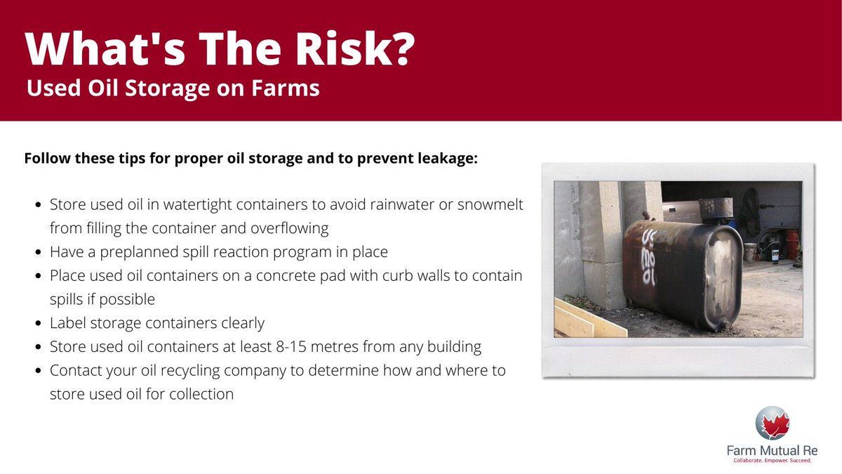 FarmMutualRe's tweet photo. #LossControlTip Storing used oil on farms can have challenges including issues with the storage system and the proper oil disposal. Follow these tips to prevent fire risks and used oil from leaking into the natural environment. https://t.co/sGnaC3P2Jr