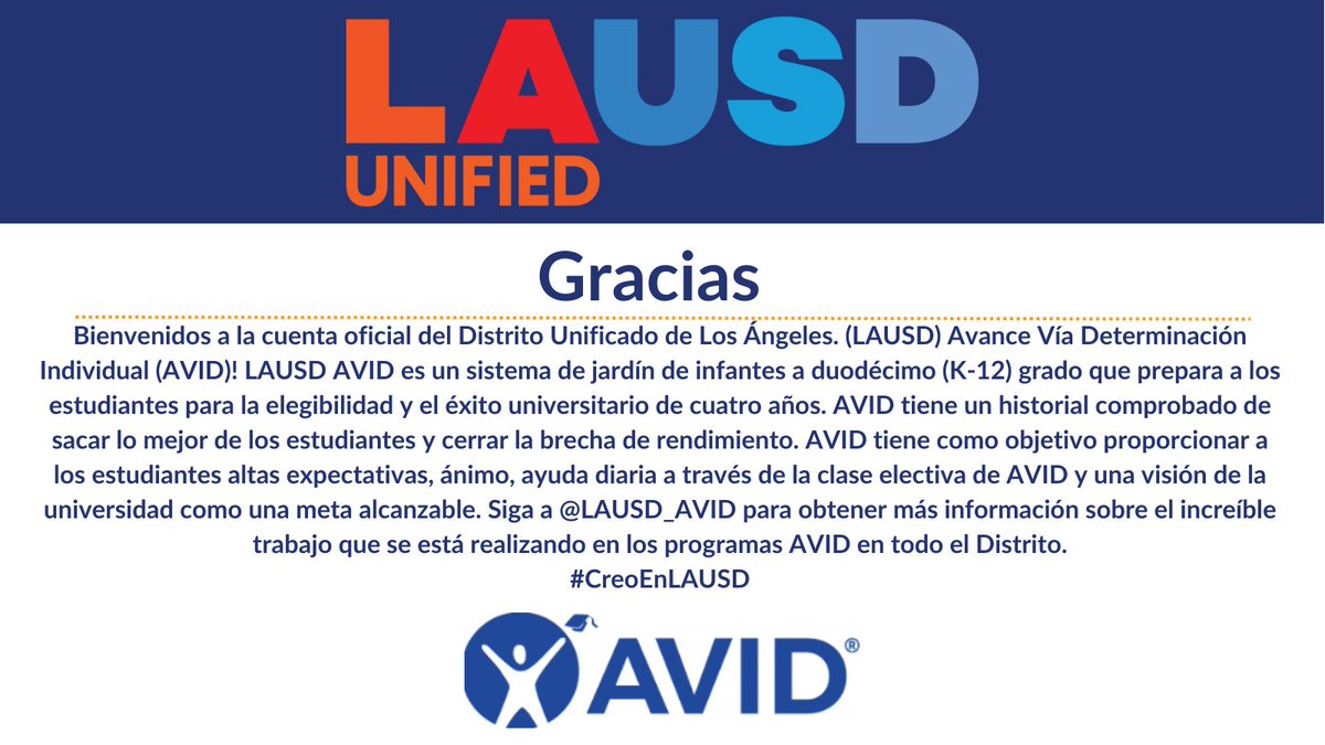#Welcome #LAUSD_AVID
<a href="/laschools/">Los Angeles Unified</a>
#IBelieveinLausd
#CreoenLAUSD