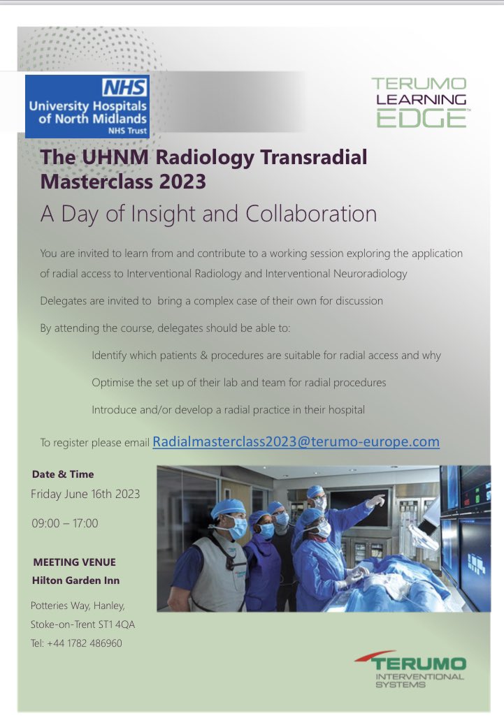 Interested in Radial access techniques in IR or Neuro IR?  please have a look at the course we are running at UHNM in association with <a href="/terumoisuk/">Terumo Interventional Systems</a> . How to on PAE, UFE visceral, neuro etc with hands on simulation. <a href="/zafarhashim_INR/">Zafar Hashim</a> <a href="/nolanjimradial/">Jim Nolan</a> <a href="/karimratib/">Karim Ratib</a>  <a href="/NajranPavan/">Dr Pavan Najran</a>