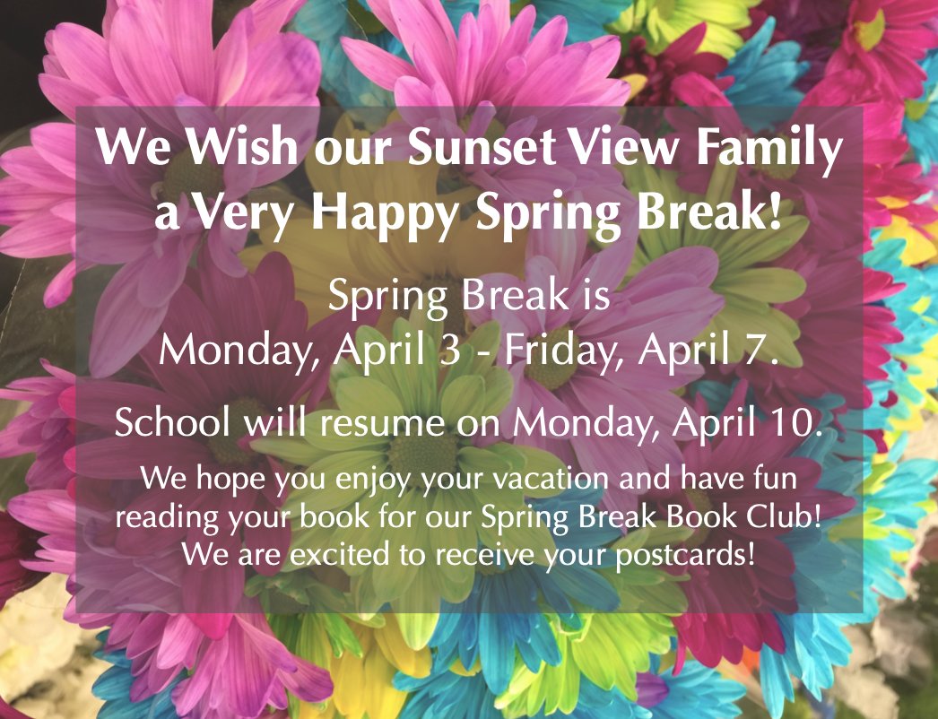 SVDragons_Provo's tweet image. We hope you all have a safe, happy, and healthy Spring Break. Spring Break begins Monday, April 3, and ends Friday, April 7.  School will resume Monday, April 10.

sunset.provo.edu/spring-break-2/
#NothingStopsADragon #SpringBreakReading #READ
