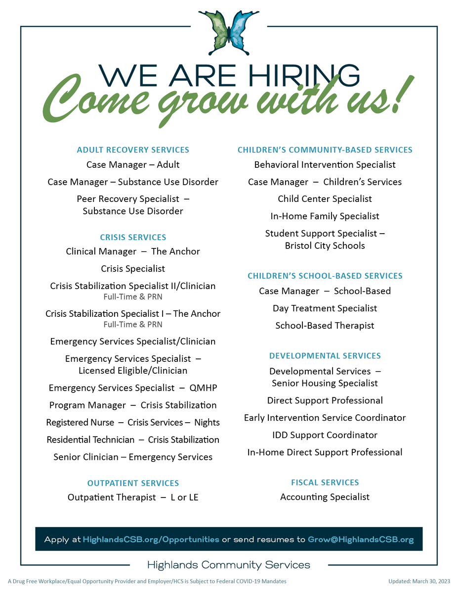 #NowHiring #BehavioralHealth #Nursing #CaseManagement #Counseling #Therapy #PeerSupport #SupportCoordination #Community #Schools #WashingtonCounty #Virginia #Bristol