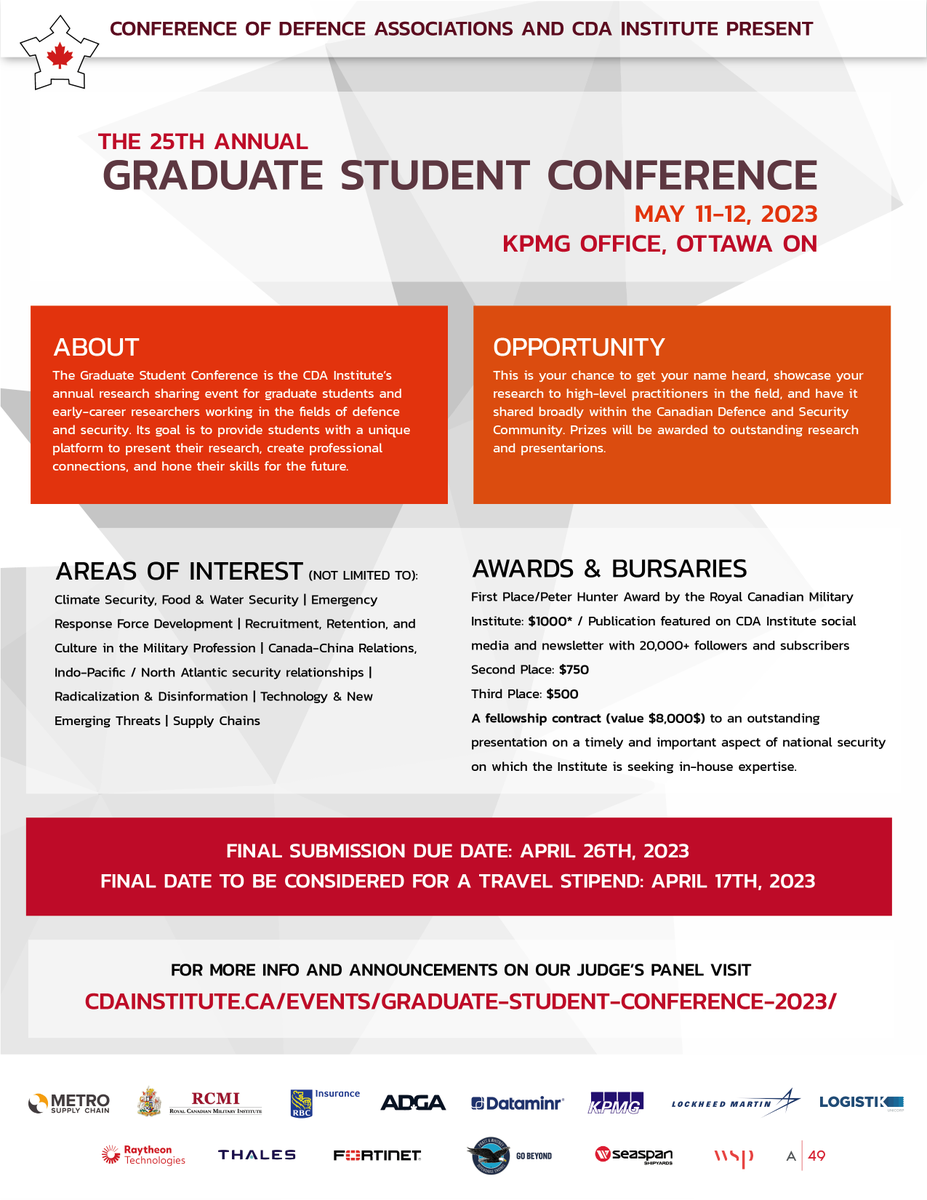 We are now accepting abstracts for the CDA Institute’s 25th Annual Graduate Student Conference. There is over 10K in prize money and bursaries to be awarded.

This is an opportunity for young professionals to present their research and network! cdainstitute.ca/events/graduat…