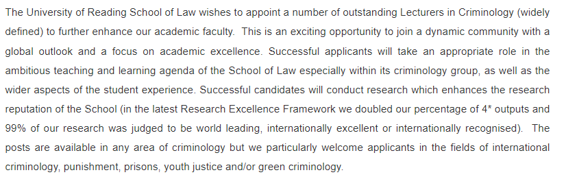 How exciting! We are recruiting. The criminology group is expanding. @UniRDG_Law @bsc_wccjn @BritSocCrim @TimNewburn @RichardJGarside @centreWJ PLEASE RT widely jobs.reading.ac.uk/displayjob.asp…