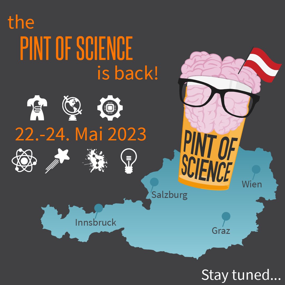 pintofscienceAT's tweet photo. (EN caption below)
Macht euch bereit, einen Schluck Wissen zu kosten! 
🍻🔬
Pint of Science ist zurück in #Wien  #Graz #Salzburg &amp; #Innsbruck mit einer Reihe von neuen, atemberaubenden Veranstaltungen, die euch auf eine unvergessliche Reise durch die #Wissenschaft mitnehmen! https://t.co/gyYq2kXjQo