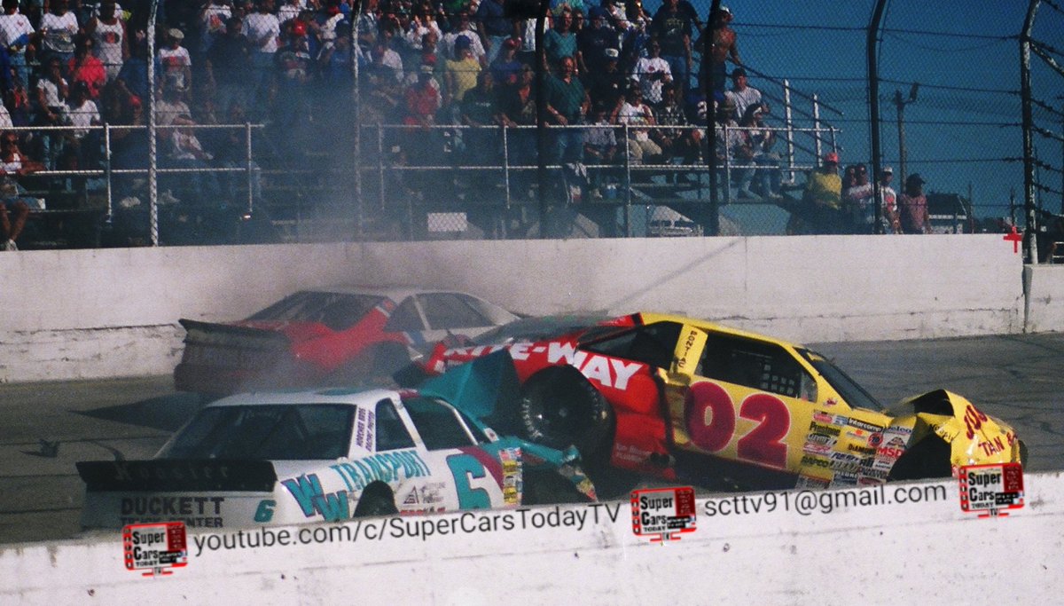 StockCarFacts's tweet photo. In this fall of 1996 #ThrowbackThursday #ARCARacing shot, #6 Perry Tripp has just spun off @Salem_Speedway's turn four, which stacked up #02 Bill Kimmel &amp; @BobbyBowsher. Also involved but not pictured were Eric Smith &amp; John Gill. 
#SCTTV
#SuperCarsTodayTV https://t.co/aBpXhaTcAw