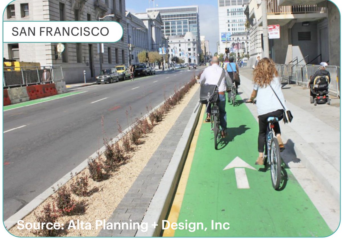 soc4austin's tweet photo. Big changes changes coming in the new NACTO Urban Bikeway Design Guide

Most important is that High Speed Roads >30mph must use either medians (1st pic) or barriers (2nd) to be All Ages &amp; Abilities

Flex posts aren’t enough which feels correct w/ lil kids 
https://t.co/yRYlyrMowk https://t.co/wYxFdMxw1l