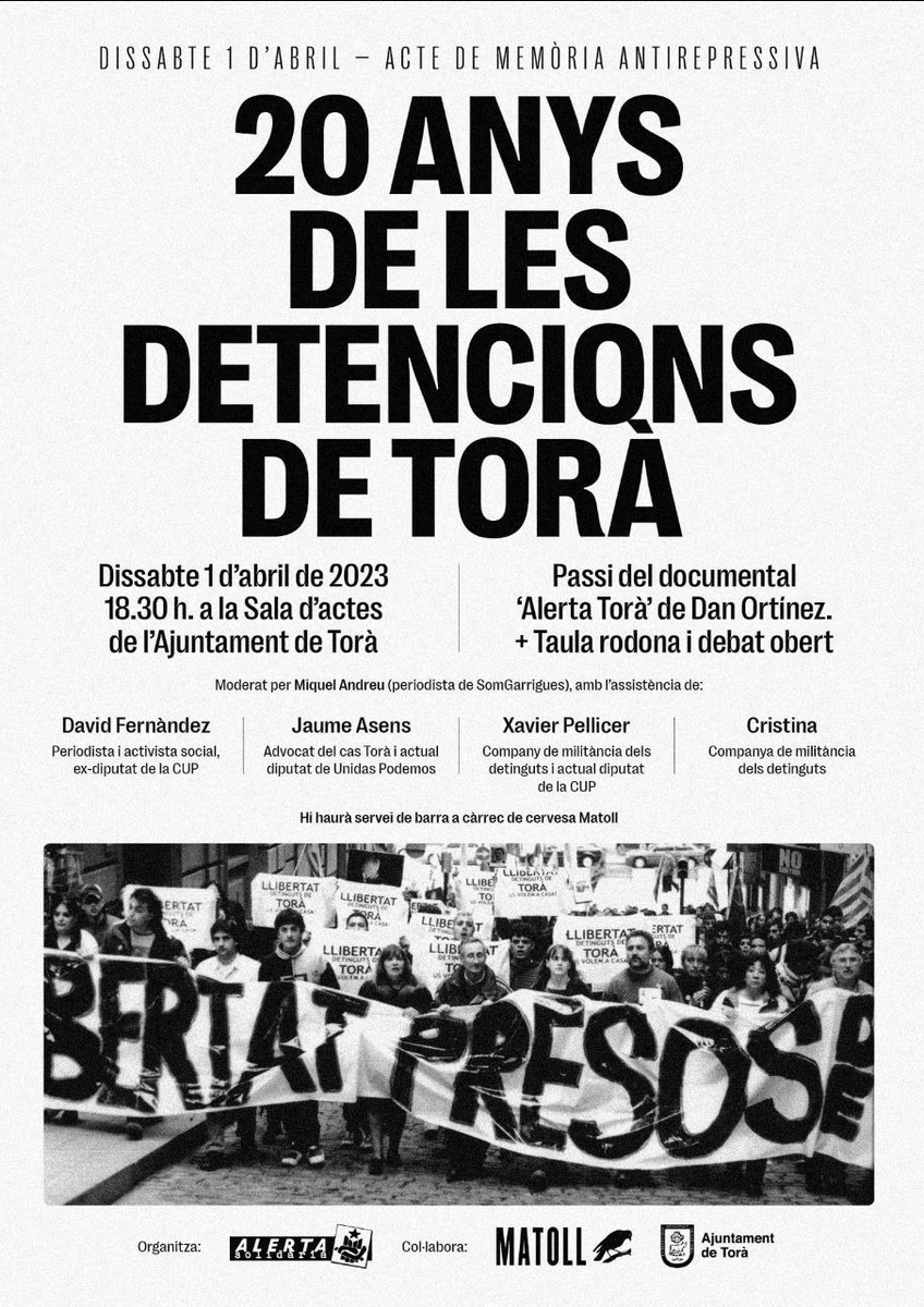 XaviPalli's tweet photo. Dissabte fa 20 anys de l'Operació contra els joves de Torà en què els Mossos els van detenir per ordre de l'Audiència Nacional.

Sempre tindré gravat a la memòria quan vam arribar al poble a donar suport i estava ple policies encaputxats escorcollant cases i atemorint el veïnat. https://t.co/WoKfkto3yP