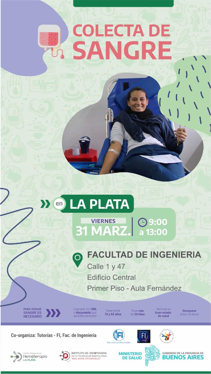 ing_unlp's tweet photo. Colecta de sangre en Ingeniería

Viernes 31 de marzo
De 9 a 13 hs
Aula Fernández (1er piso), Edificio Central https://t.co/h12nbJqMz2