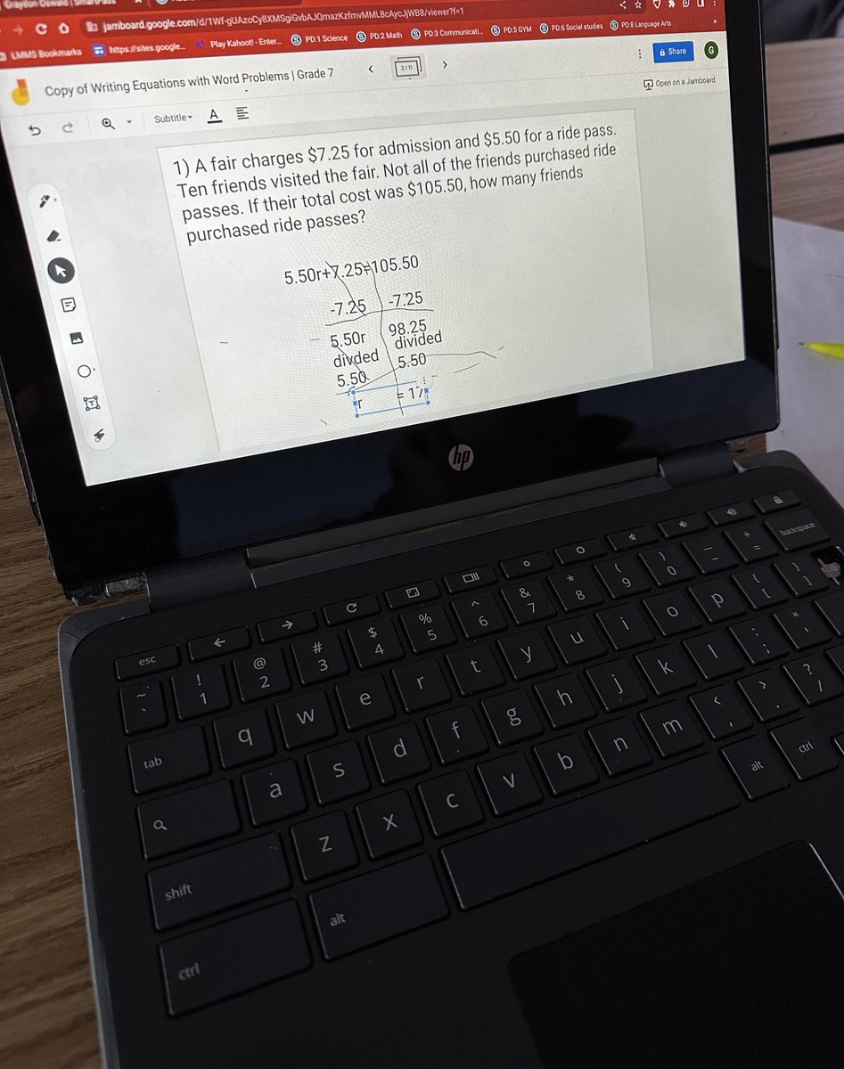 My 7th grade students were rockstars today using Jamboard to write equations from word problems. There were awesome conversations happening and lots of learning too! Thanks to <a href="/dylanpetersedu/">Dylan Peters</a> for showing me this awesome tool! #EastPennPROUD <a href="/EPSDLmms/">LMMS</a>