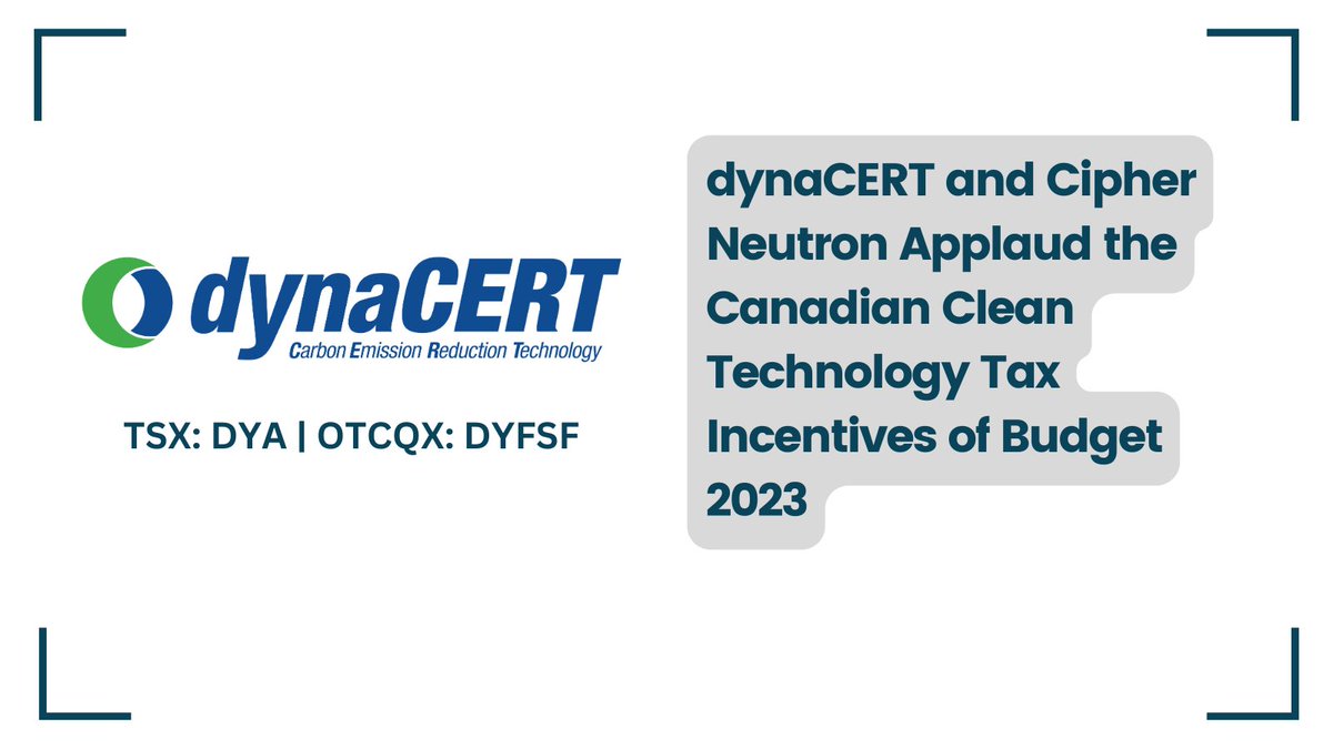 Investornewscom's tweet image. #dynaCERT and Cipher Neutron Applaud the Canadian #CleanTechnology Tax Incentives of #Budget2023 bit.ly/3KhzCxZ 

#GreenHydrogen #CarbonCredits #CarbonEmission @dynaCERT $DYA $DYFSF