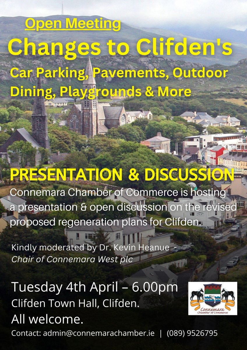 *Open Meeting* Changes to Clifden's Car Parking, Pavements, Outdoor Dining, Playgrounds &amp; More.

View the new plans @ tinyurl.com/ymd78ef7

MeetingTuesday 4th April - 6pm - Clifden Town Hall
#clifden #connemara