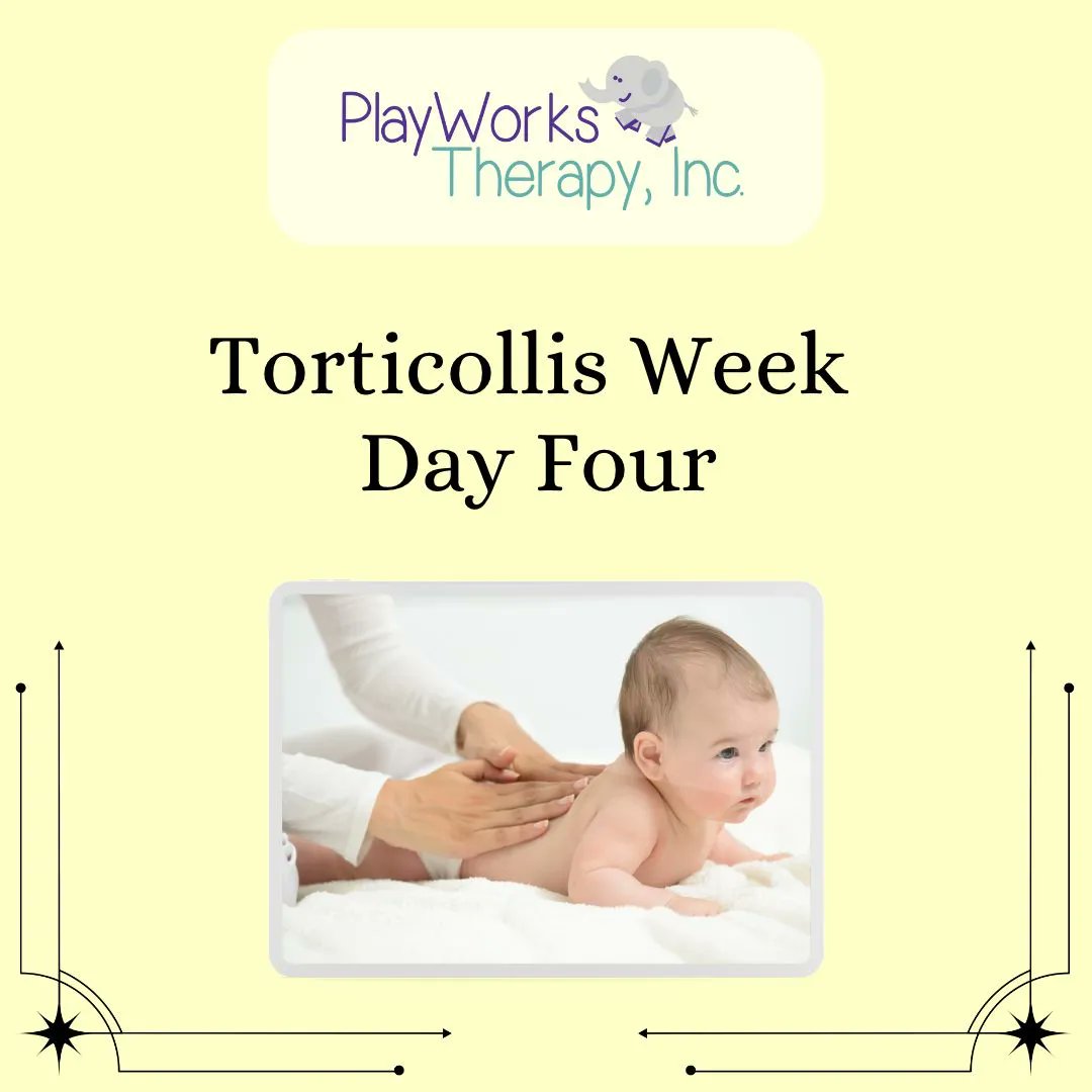 Playworks_Chi's tweet photo. Torticollis Week - Day Four!

What can physical therapists do if your child has torticollis? 
* Introduce stretches &amp; strengthening activities into your daily routine
* Aid in learning symmetrical movement patterns
* Give tips on how to modify the infant’s environment https://t.co/lybDPdjp9M