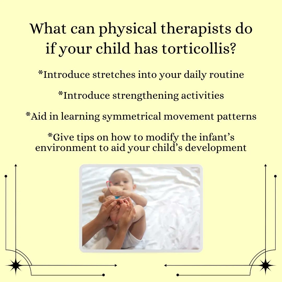 Playworks_Chi's tweet photo. Torticollis Week - Day Four!

What can physical therapists do if your child has torticollis? 
* Introduce stretches &amp; strengthening activities into your daily routine
* Aid in learning symmetrical movement patterns
* Give tips on how to modify the infant’s environment https://t.co/lybDPdjp9M