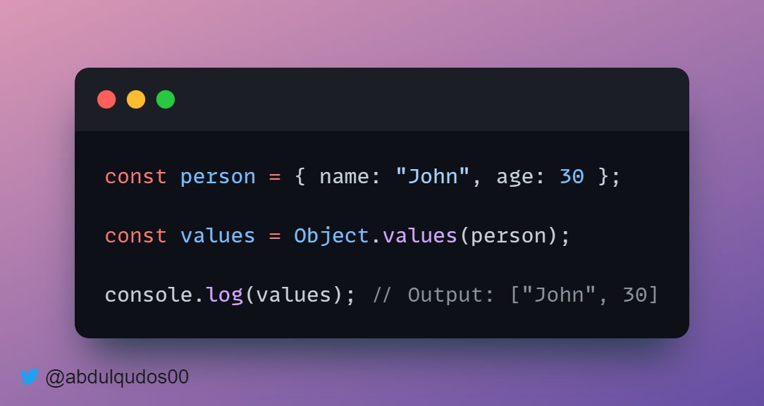 abdulqudos00's tweet image. Using the Object.values() Method
The Object.values() method can be used to extract the values of an object as an array.
#JavaScriptTip #ObjectValues #CodingTips
Example code:
