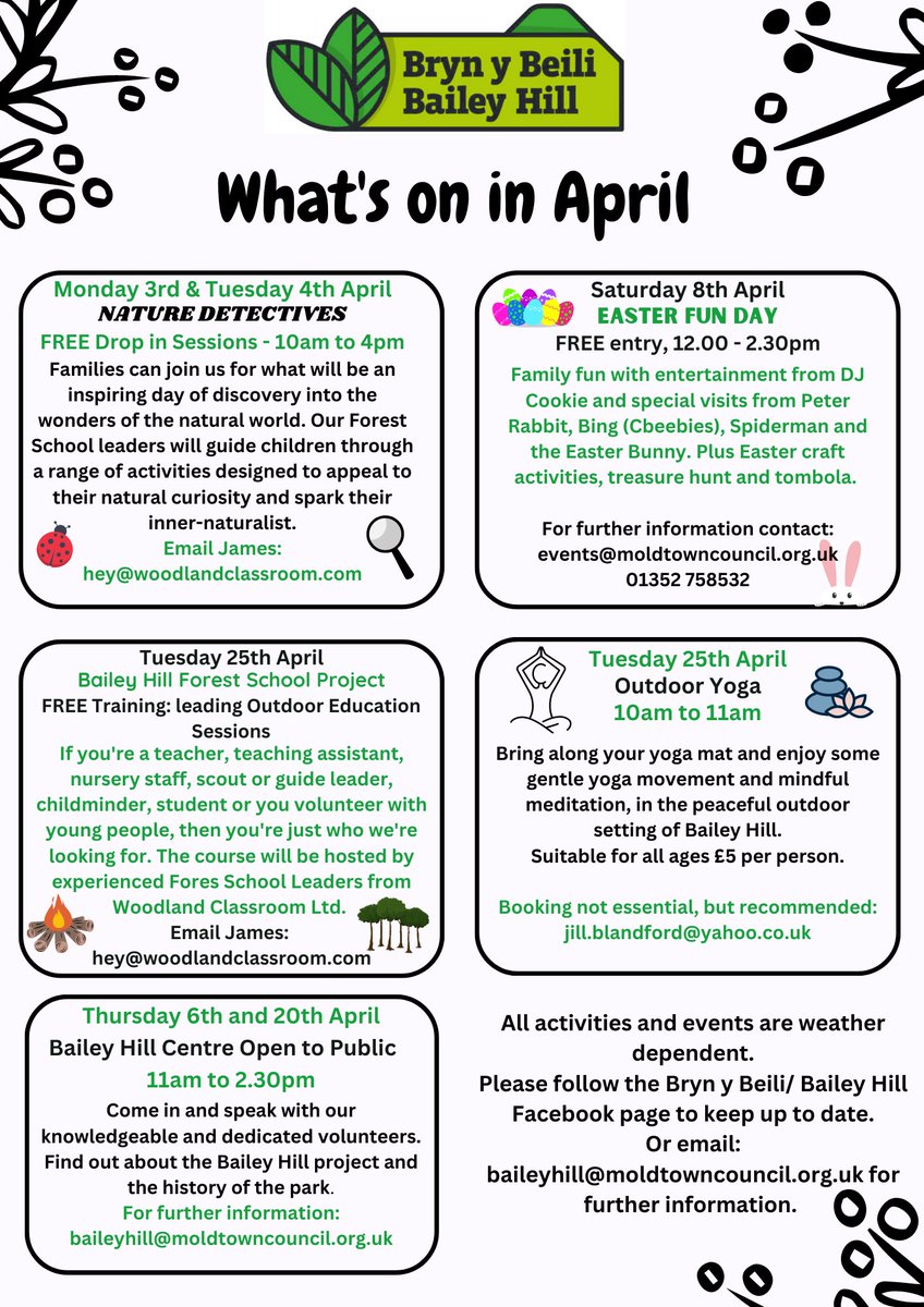 bh_officer's tweet photo. What's on in April?
We have a number of activities, events and a training opportunity taking place at Bailey Hill over the next month. 
#Activities #Events #Training #BaileyHill #community 

@moldtowncouncil https://t.co/QHXA9Ob9J3