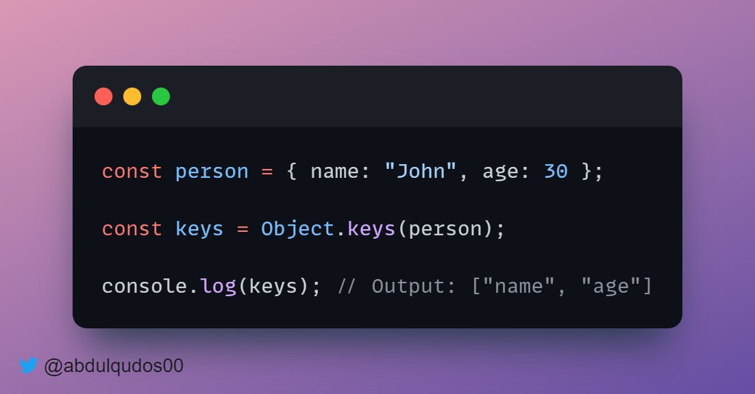 abdulqudos00's tweet photo. Using the Object.keys() Method
The Object.keys() method can be used to extract the keys of an object as an array.
#JavaScriptTip #ObjectKeys #CodingTips

Example code: https://t.co/ELGfniQU60