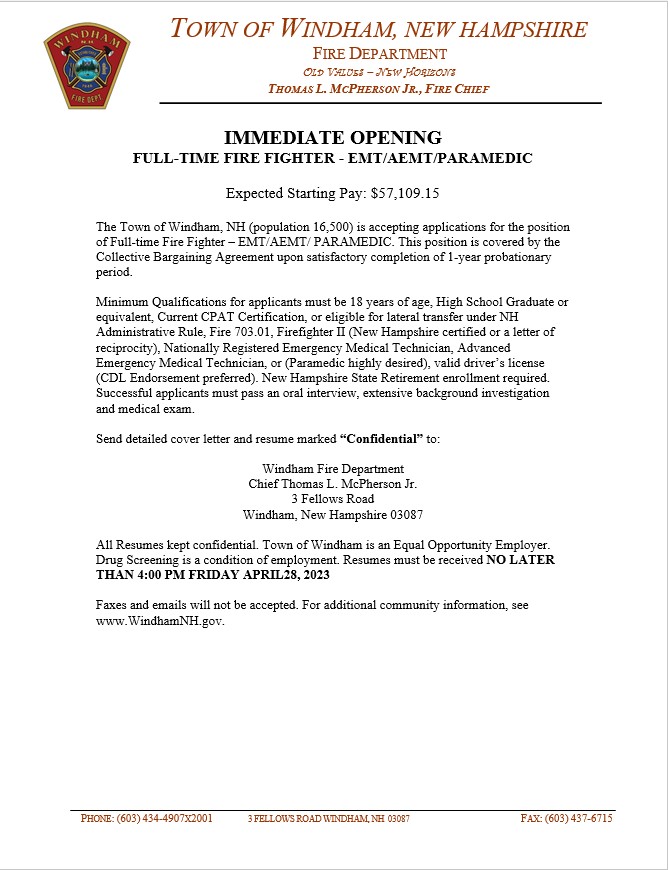WindhamFD's tweet image. IMMEDIATE OPENING. Come join our team!