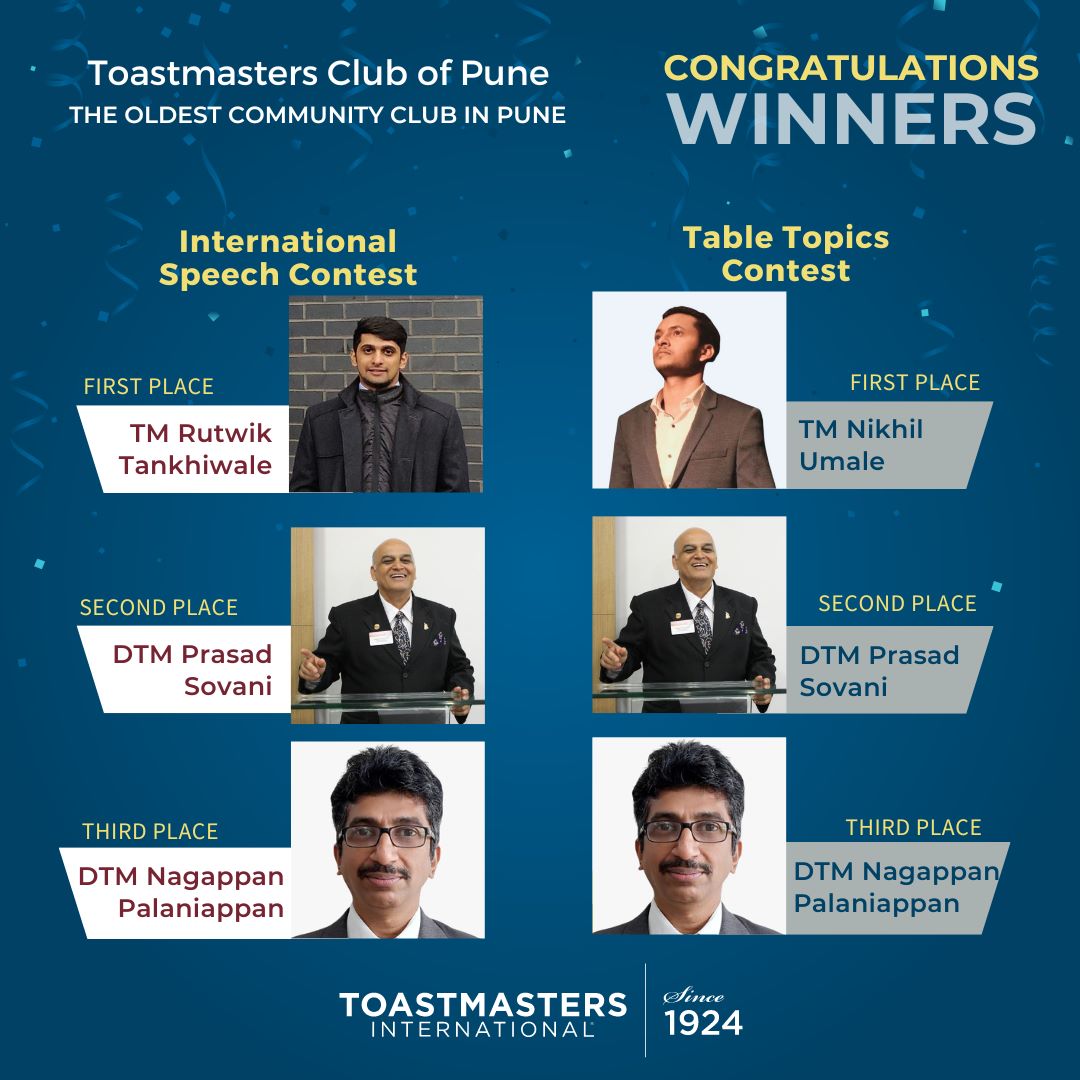 Toastmasterpune's tweet photo. Congratulations to the Winners of both the contests!!
#Toastmasters
#leadership 
#publicspeaking 
#pune #contest https://t.co/pgyW6stUvU