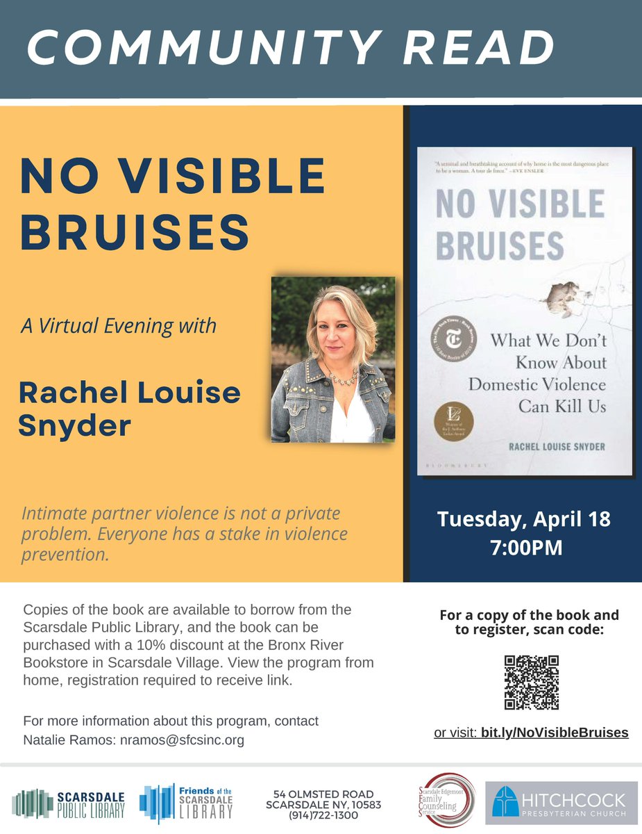 SFCS10583's tweet photo. Don't leave for vacation without your copy of
No Visible Bruises: What We Don't Know About Domestic Violence Can Kill Us by Rachel Louise Snyder.  
Please join us on Tuesday April 18th for a virtual evening with the author.  Please register at: https://t.co/KVjTFUZFOa... https://t.co/nMHSRIPS96