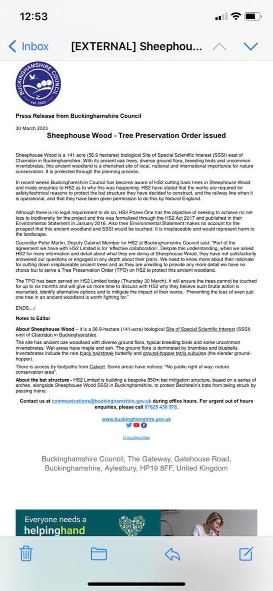 stophs2's tweet image. Today, while the media have run puff-pieces about #HS2 tunneling, @BucksCouncil have issued them with a Tree Preservation Order to stop them cutting down ancient woodland of international importance in an SSSI that they aren't meant to be touching. #StopHS2 #StandForTheTrees