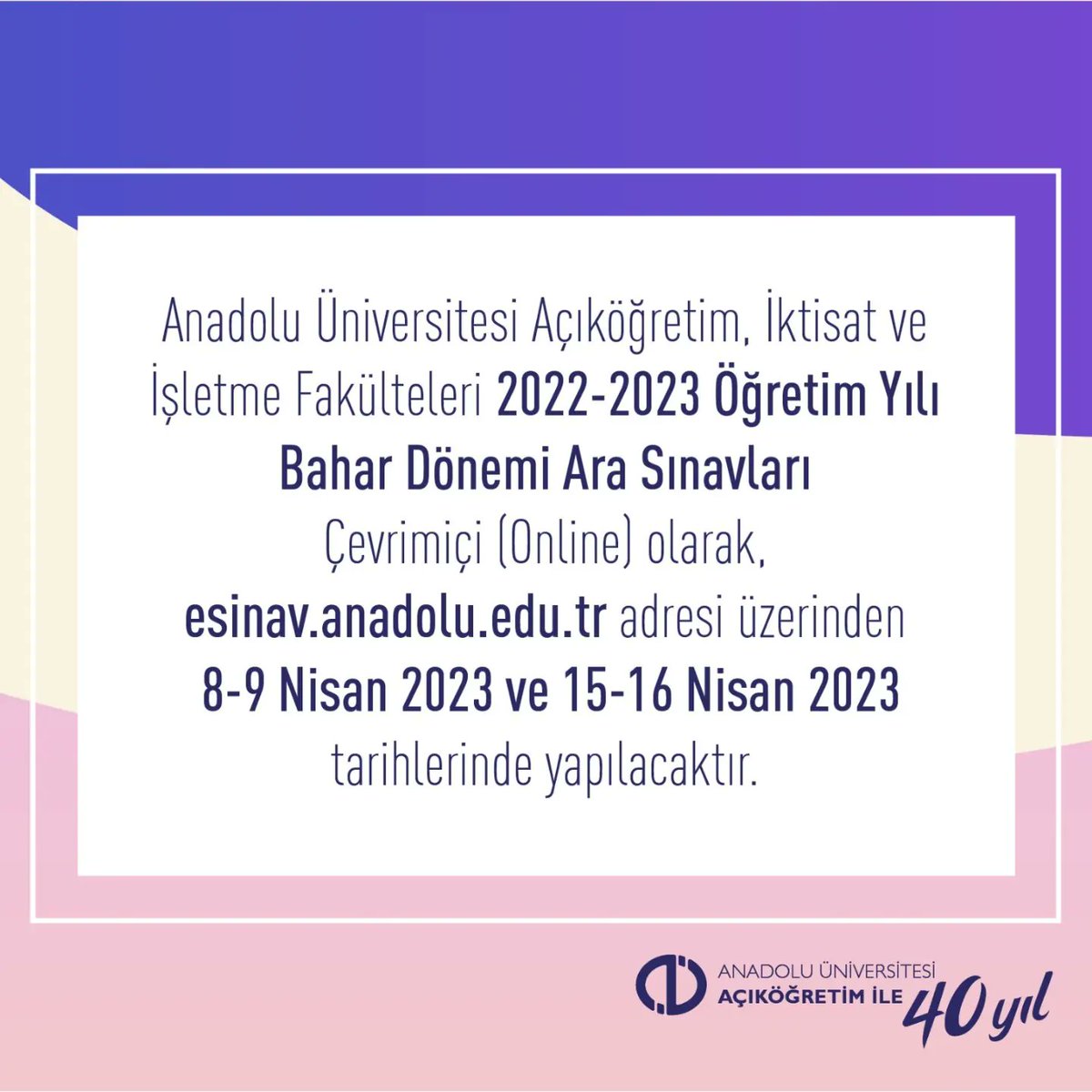 AOFAnadolum's tweet photo. 📢 Bahar Dönemi Ara Sınavları Çevrimiçi (Online) olarak https://t.co/en2pimzol5 adresi üzerinden 8-9 Nisan ve 15-16 Nisan tarihlerinde yapılacaktır. Sınav giriş bilginize 31 Mart tarihinden itibaren öğrenci sayfanızdan erişebilirsiniz. 💻 #AnadoluÜniversitesi #Aös #Online #Sınav https://t.co/wLBcyJVs2P