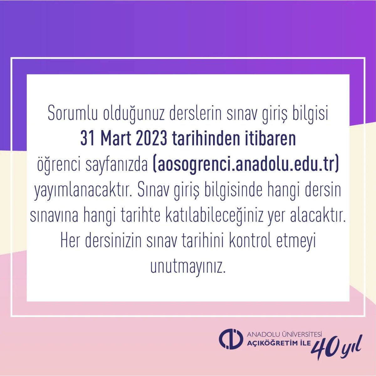 📢 Bahar Dönemi Ara Sınavları Çevrimiçi (Online) olarak esinav.anadolu.edu.tr adresi üzerinden 8-9 Nisan ve 15-16 Nisan tarihlerinde yapılacaktır. Sınav giriş bilginize 31 Mart tarihinden itibaren öğrenci sayfanızdan erişebilirsiniz. 💻 #AnadoluÜniversitesi #Aös #Online #Sınav