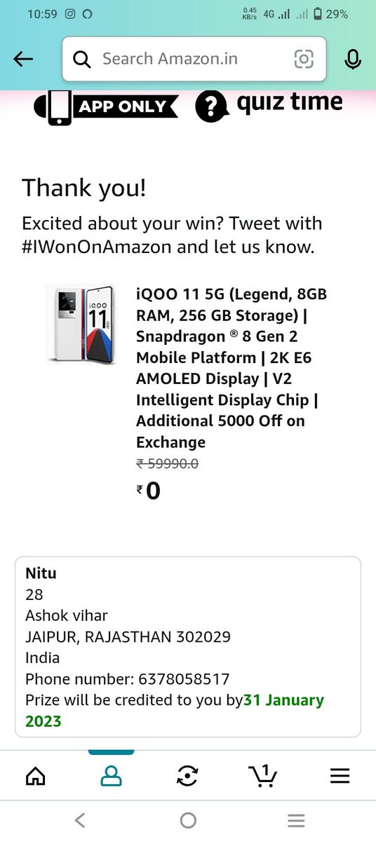 SoniSr6's tweet photo. Aap dekh sakte hai ki ye prize massege 14 january ko aaya hai or claim ke baad 31 january ko prize mujhe milna tha but Aaj 70 days over ho chuka hai . Bahut baar complaint ki but Amazon costumer care koi update nhi de Raha . Bar bar 48 hours ka time mangta hai but not updated... https://t.co/zvHmZonpV8