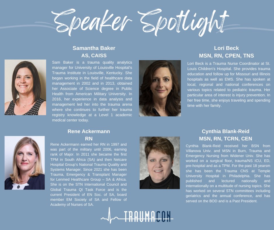 SocTraumaNurses's tweet photo. Spotlight on TraumaCon Speakers
Concurrent Sessions begin at 10:00 AM
#STNSalutesYou #TraumaCon2023 #TraumaNurses #STN #TraumaConDenver #STNSpeakerSpotlight #Speaker #Conference #ConcurrentSessions https://t.co/G1wj1GOn0y