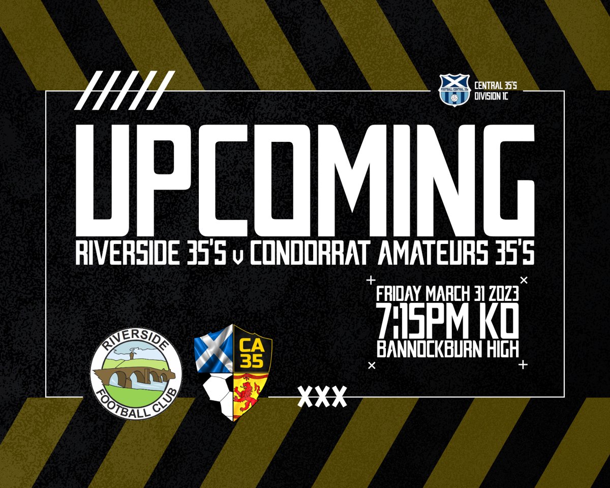 CondorratAFC's tweet photo. 🟡𝔽𝕀𝕏𝕋𝕌ℝ𝔼⚫️

🆚 @RiversideFC89 35's
 
Week number 3 in the @centregions35s for our 35's team who travel to Bannockburn HS tomorrow night. 7:15KO

MTR🐀

🤝 @LaurieRossIns
🤝 @drewmassey80
🤝 @davritchie1
🤝 @CondorratC
🤝 Kirkie Drycleaners Ltd 
🤝 Ken Wok
 
@scottish_aff https://t.co/AsokCMCUbT