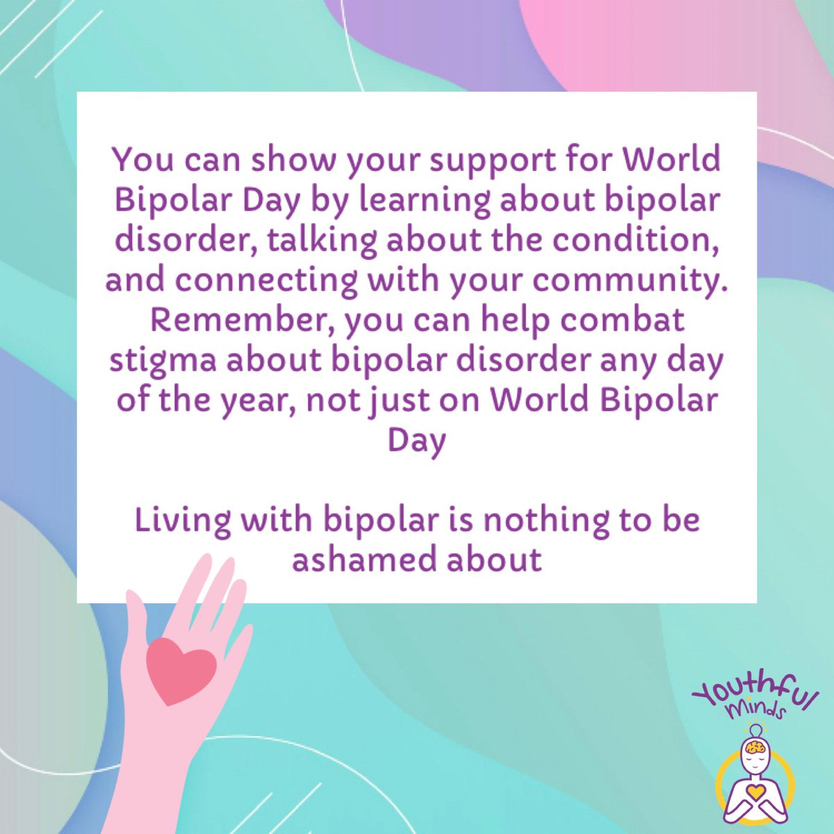 MindsYouthful's tweet photo. Today is world bipolar day. The vision of World Bipolar Day is to bring world awareness to bipolar disorders and to eliminate social stigma.
For more information on bipolar disorders visit:
https://t.co/YNEBa6LFgC
#worldbipolarday #mentalhealth #bipolartogether #shatterstigma https://t.co/3LtG2sVdff