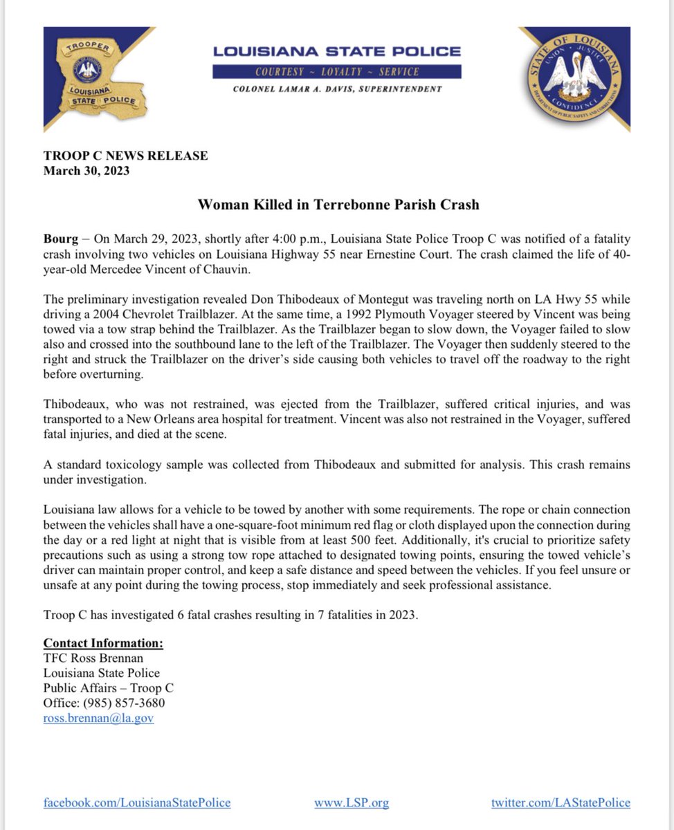 LA State Police on Twitter "TROOP C NEWS RELEASE March 30, 2023 Woman(00)