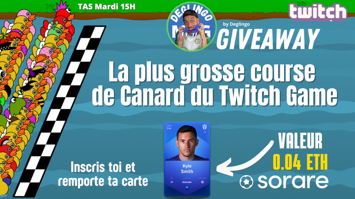 Yosh la team ! 
Pour fêter le passage du Cap240 SR à 200$ sur @sorare, j'organise la plus grande course de canard ever pour gagner un #giveaway de Kyle Smith SR.

Pour Participer
1.RT
2. Inscris-toi avec ton pseudo exact
5cf8-damien.systeme.io/4977c407 

Maximum 1000 Canards !
#sorare