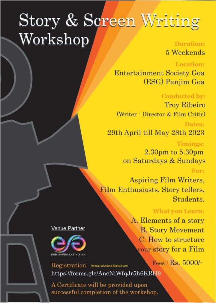 MiniRib's tweet photo. Story & Screenwriting workshop in Goa at ESG Panjim #Screenwriting #workshopalert #Goa #weekend #5weekends #Panjim #story #workshop #filmenthusiasts #EntertainmentSocietyofGoa #April https://t.co/0Me5q8B4Gf