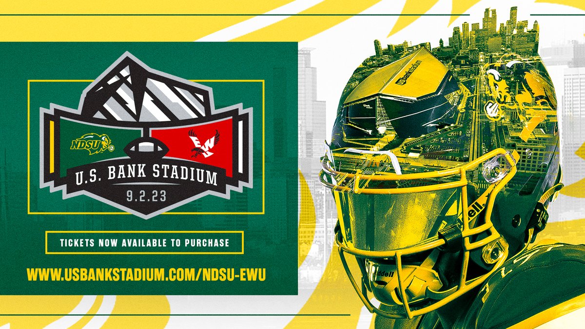 ‼️ 𝐎𝐍 𝐒𝐀𝐋𝐄 𝐍𝐎𝐖 ‼️

🆚 Eastern Washington
🗓️ Saturday, September 2, 2023
🏟️ U.S. Bank Stadium 

𝐏𝐮𝐫𝐜𝐡𝐚𝐬𝐞 𝐓𝐢𝐜𝐤𝐞𝐭𝐬:
USBankStadium.com/NDSU-EWU