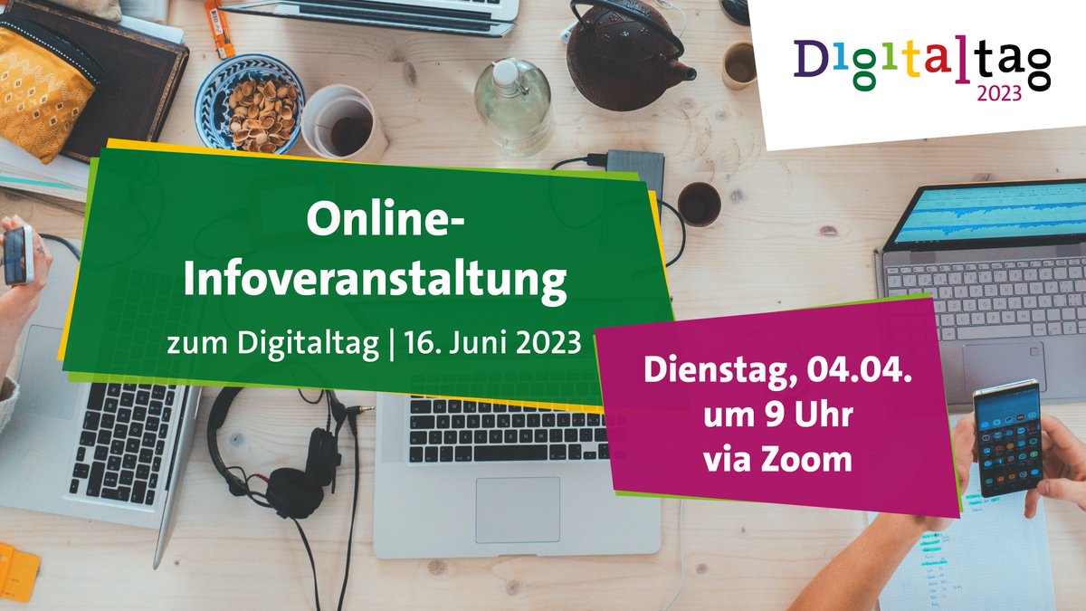 DigitaltagDE's tweet photo. 📢 Nächste Woche steht wieder unsere Online-Infoveranstaltung an! Ihr wollt den #Digitaltag mitgestalten, habt aber noch Fragen? Dann schaltet ein – kostenlos und ohne Anmeldung!
🗓️ Dienstag, 04.04.2023, um 9 Uhr
📌Zum Zoom-Link: https://t.co/ThZGRHaMUo https://t.co/XxbfW4ja4g