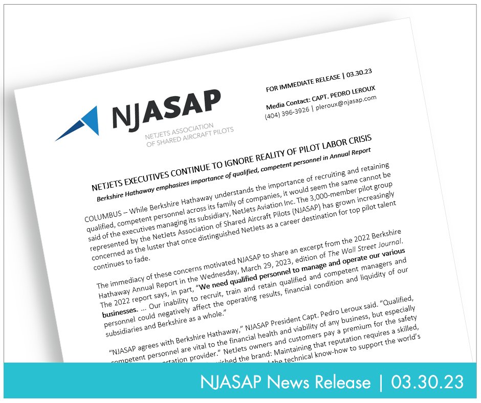 NJASAP's tweet photo. That NetJets has taken a head-in-the-sand stance amid an escalating pilot labor crisis is almost unfathomable, NJASAP President Pedro Leroux commented in a news release issued earlier this morning. | Read the release here ... https://t.co/fvhD0TzOx1 https://t.co/lpKmOh2wlW