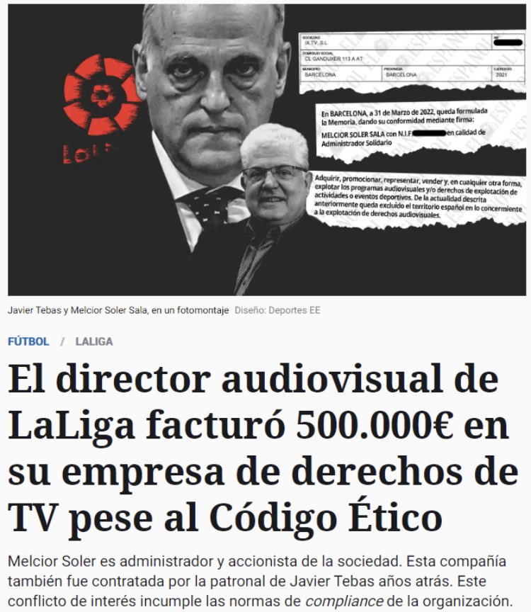 CuentaMister's tweet photo. "Este conflicto de interés va en contra del Código Ético y del Código de Buen Gobierno de LaLiga, incumpliendo así el compliance de la patronal"

Fuente: El español

¿QUÉ ES ESTO @Tebasjavier ? Pedimos explicaciones https://t.co/fVPemXkaTy