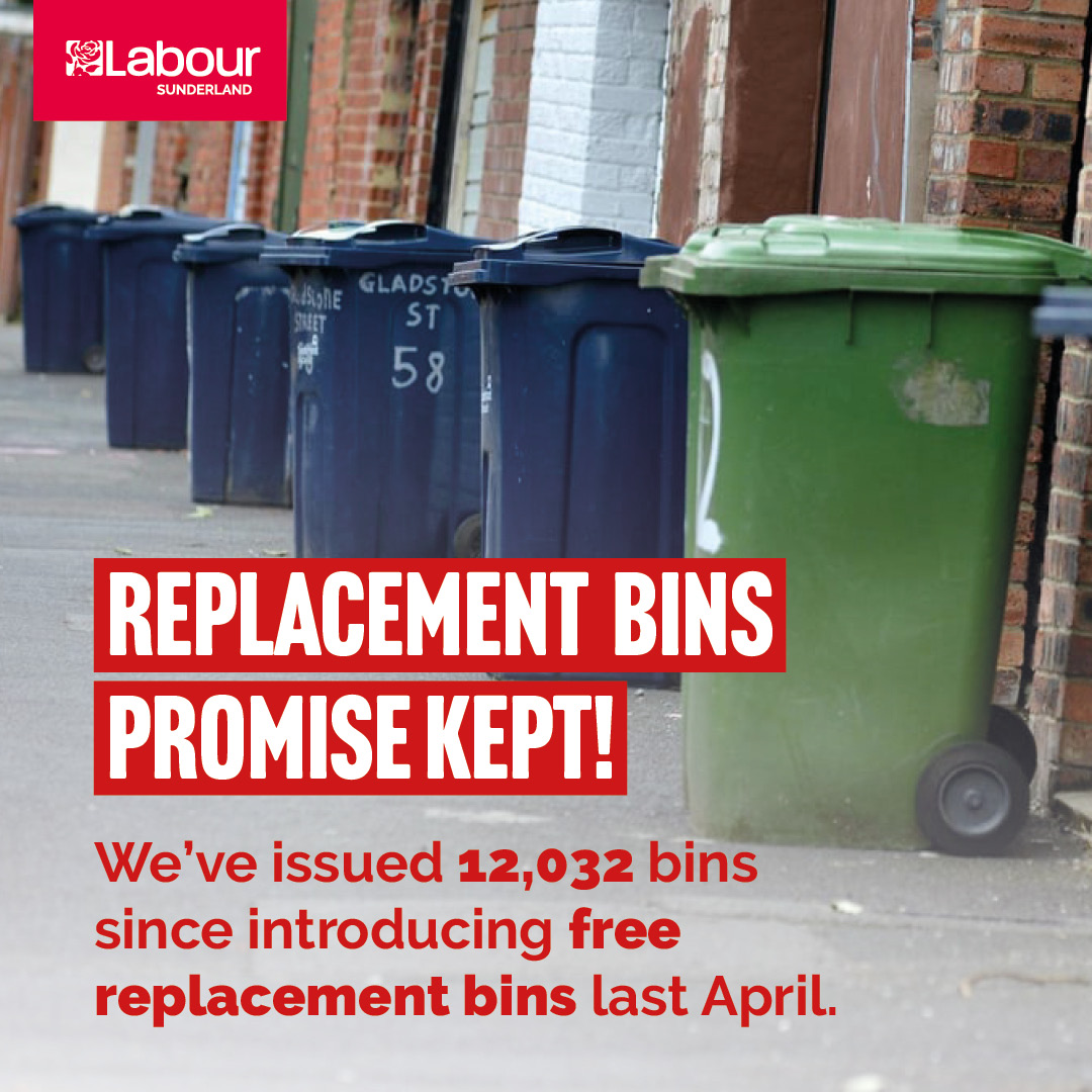 SunderlandLab's tweet photo. A year on from the introduction of free replacement bins, we've issued 12,032 bins to local residents! ๐ฎ ๐
Yet another example of how #LabourWorks for a better, cleaner #Sunderland ๐น https://t.co/NQPpnd7ek7