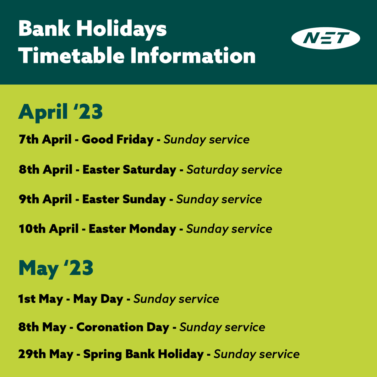 NETTram's tweet photo. There's quite a few bank holidays coming up in April and May!
Take a look at the dates below to see when we're operating over Easter and during the BH dates in May.
#nettram #nottingham https://t.co/kQPPRC7ruw