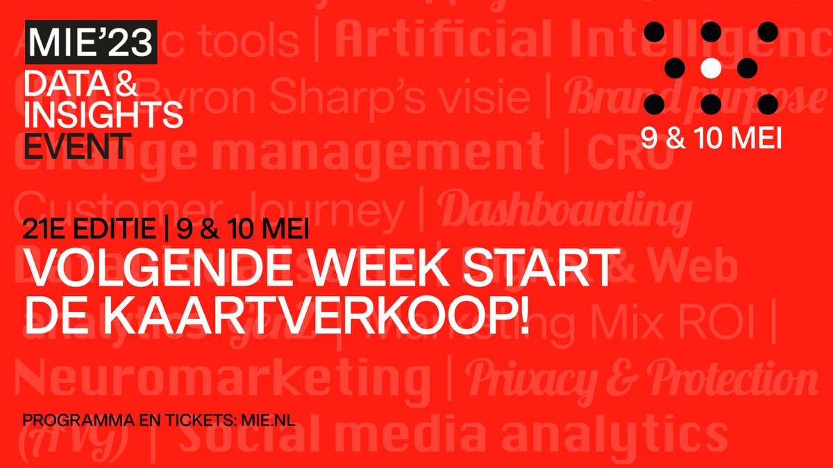 Het is zo ver! Volgende week start de kaartverkoop voor MIE’23, de 21e editie van Nederlands grootste Data &amp; Insights Event. De komende weken ontdek je op mie.nl steeds weer nieuwe sessies die zijn toegevoegd aan het programma. #mie23 #data #insights #analytics