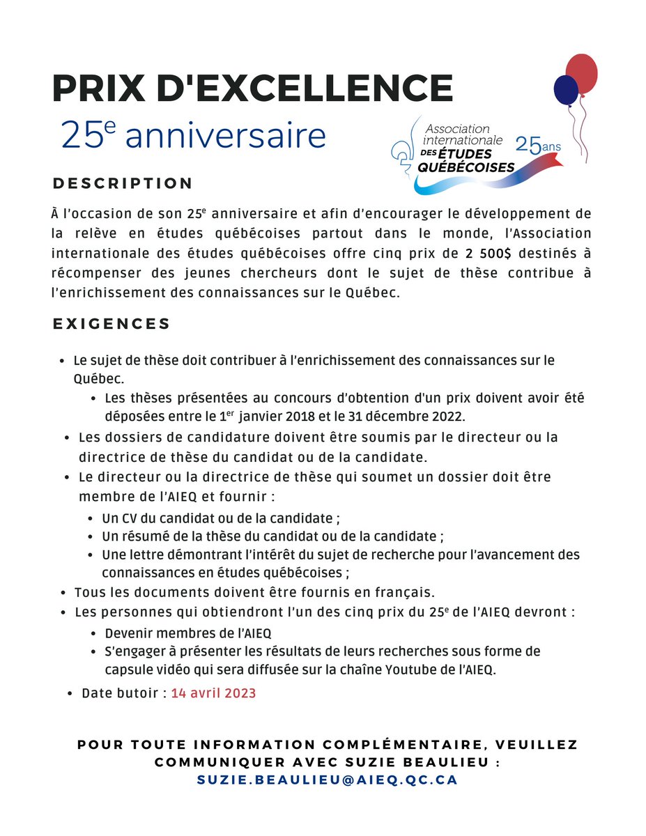 🌟Vous avez publié une thèse ayant contribué aux études québécoises entre 2018 et 2022? Pourquoi ne pas appliquer au Prix d'excellence? 

Vous êtes directeur.trice de thèses? Identifiez une personne qui pourrait appliquer à notre offre.

Date butoir : 14 avril 2023