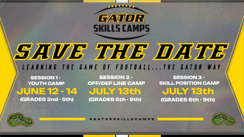 SAVE THE DATE FOR THE 2023 EDITION OF GATOR SKILLS FOOTBALL CAMPS.  HELD ON THE CAMPUS OF ST AMANT HIGH SCHOOL.   LEARN THE GAME OF FOOTBALL THE GATOR WAY.  SIGN UP INFO COMING SOON.   #GATORSKILLSCAMPS