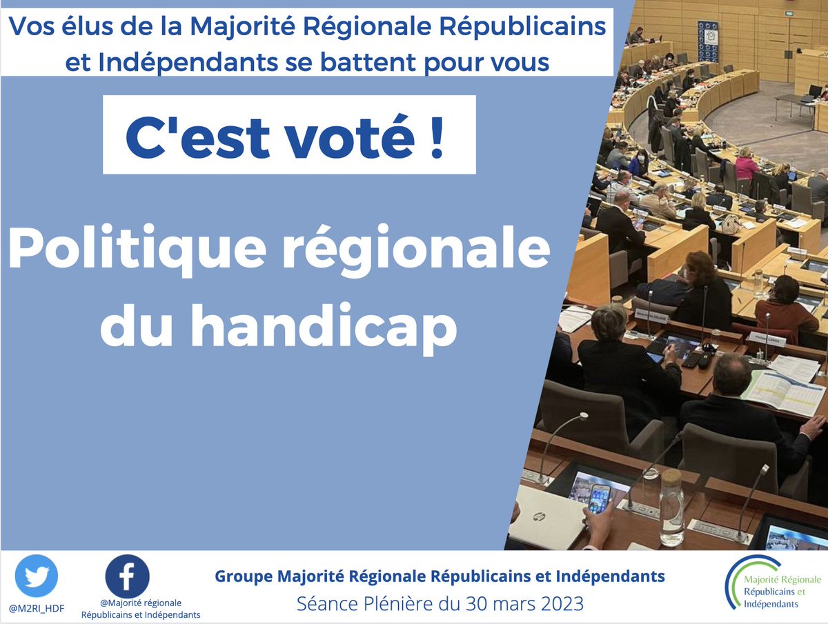 M2RI_HDF's tweet photo. En Séance Plénière, les élus de la Majorité Régionale Républicains et Indépendants viennent de voter la Politique régionale handicap ✅ #DirectHDF https://t.co/oGofxZWped